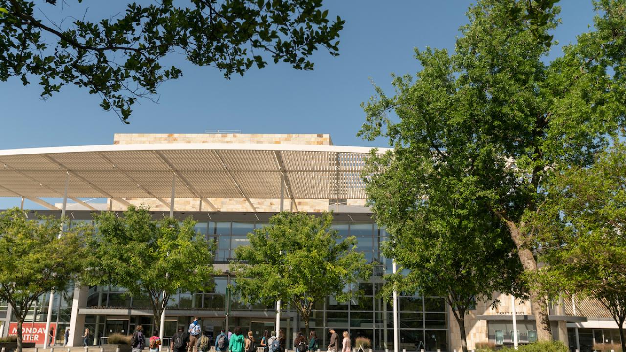 A daytime view of the Mondavi Center from the Vanderhoef Quad