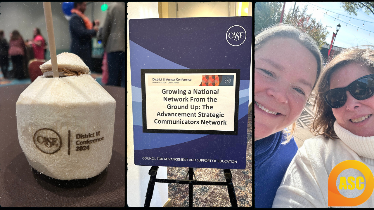 A collage of images including memorabilia and signage from the CASE District 2 conference and an informal image of Laurel Ode-Schneider and Caitlin Wood