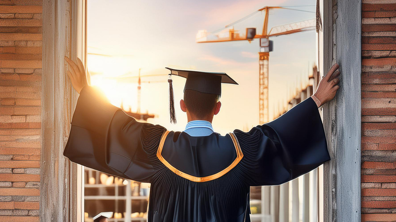 An AI-generated image of a college graduate in graduation gown and cap staring through doors at a construction site