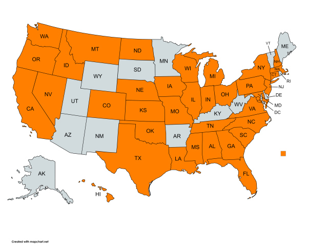 A graphic map of the US indicating which states have ASC-affiliated institutions. 