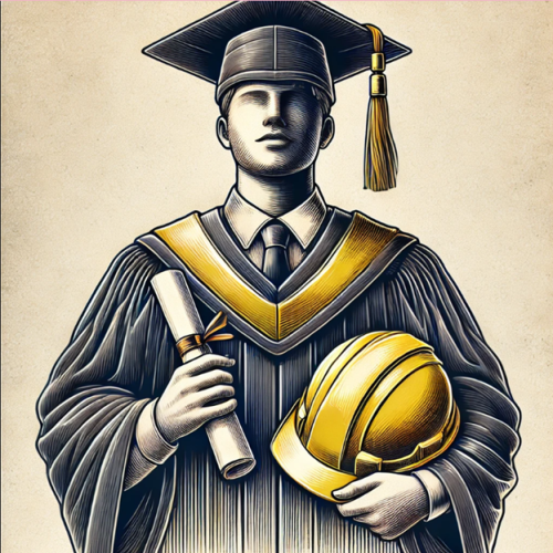 A woodcut-style ollustraton of a man in graduation gown holding a diploma in one hand and a hardhat in the other.
