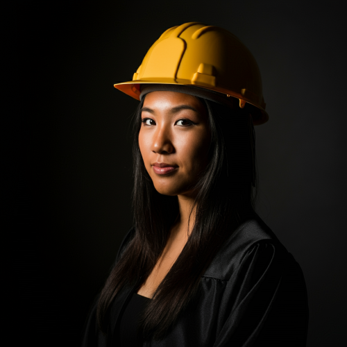 Portrait-style AI-generated image of a woman in a yellow hard hat and a graduation gown against a formal black background.