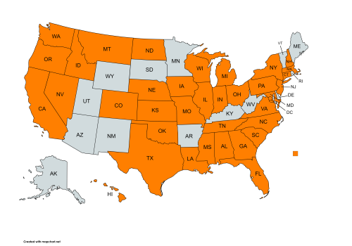 Map of the US with all states colored orange except ME, VT, RI, WV, KY, AR, MN, SD, WY, UT, AZ, NM and AK